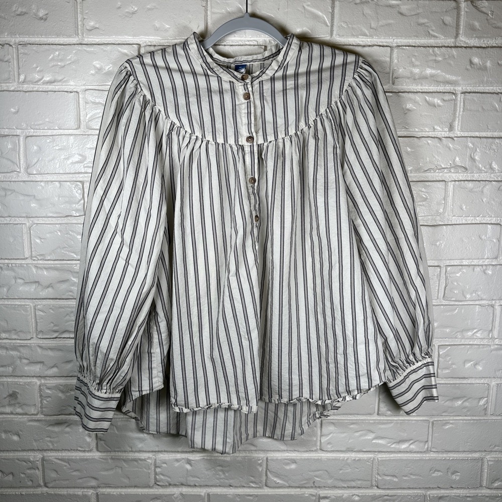 Old Navy Shirt Womens Large Tall White Gray Striped Puff Sleeve Coastal Nautical